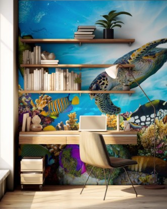 Picture of Underwater sea life coral reef panorama with many fishes and marine animals