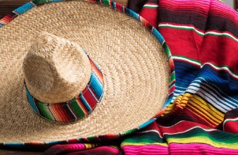 Picture of Mexican Sobrero and Serape blanket on yellow background with cop