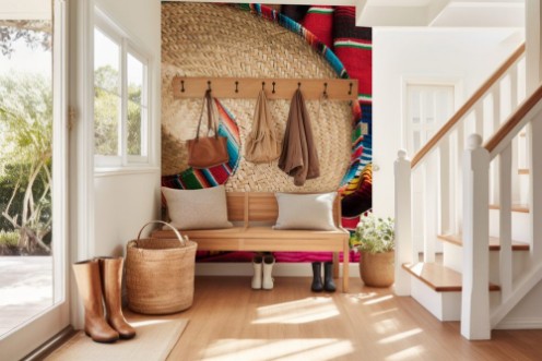 Afbeeldingen van Mexican Sobrero and Serape blanket on yellow background with cop