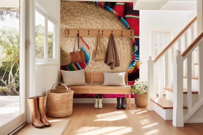 Picture of Mexican Sobrero and Serape blanket on yellow background with cop