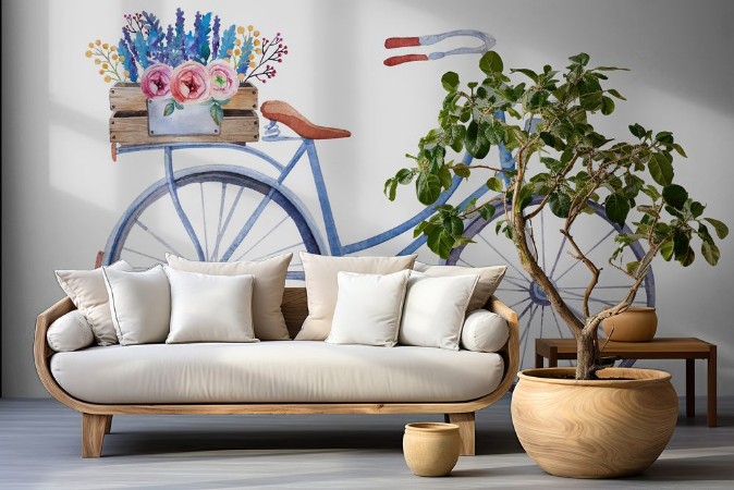 Picture of Watercolor vintage  bicycle with box of flowers 