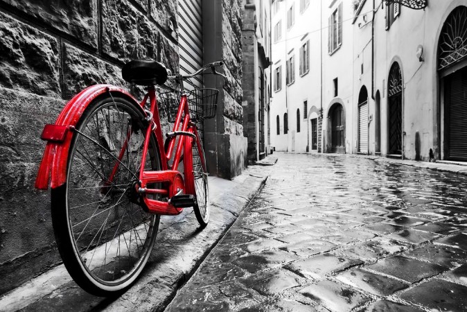 Bild på Retro vintage red bike on cobblestone street in the old town Color in black and white