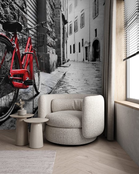 Picture of Retro vintage red bike on cobblestone street in the old town Color in black and white