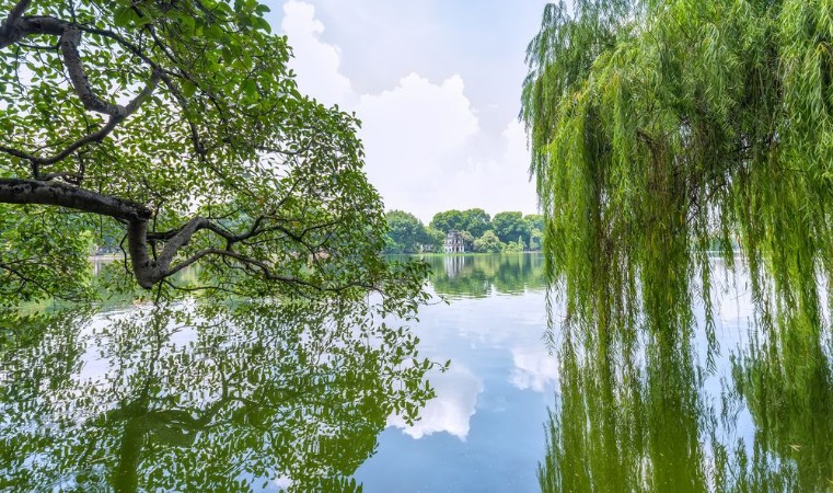 Picture of Tortoises tower on Lake Hoan Kiem Hanoi Vietnam reflected the strain shimmering drooping willow lake romantic and quaint This is the image symbolizes Vietnam capital