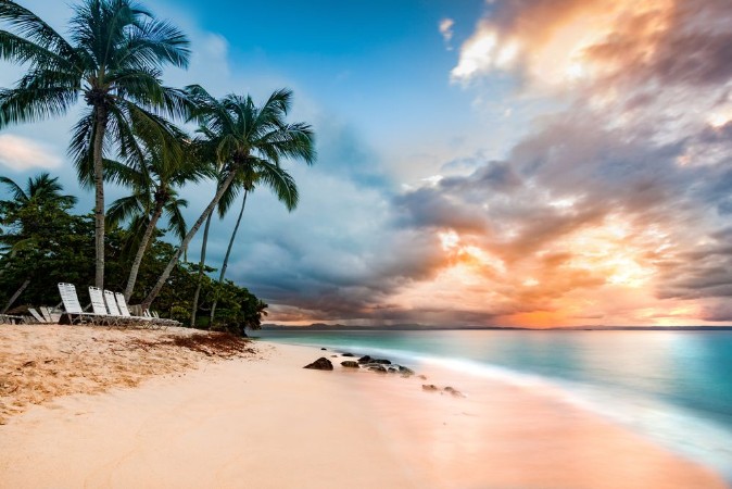 Afbeeldingen van Exotic long exposure seascape with palm trees at sunset on a public beach in Cayo Levantado Dominican Republic