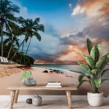 Picture of Exotic long exposure seascape with palm trees at sunset on a public beach in Cayo Levantado Dominican Republic