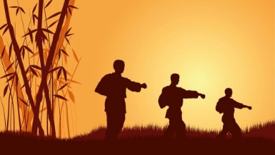 Pilt Three men demonstrate Karate on a background a calling sun