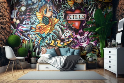 Picture of Public Graffiti wall urban art background Grunge hip hop artistic design Art wall at Santorini Hua hin Thailand