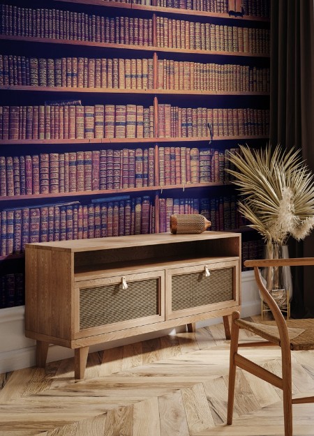 Vintage toned old books on wooden shelves wisdom concept background photowallpaper Scandiwall