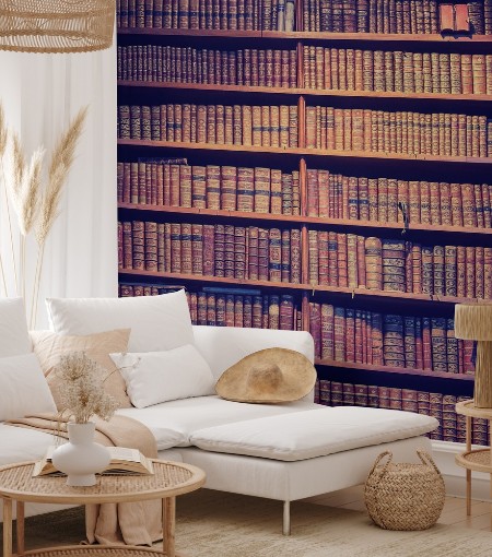 Vintage toned old books on wooden shelves wisdom concept background photowallpaper Scandiwall