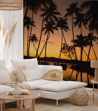 Sunset with palm tree silhouettes in Fiji photowallpaper Scandiwall