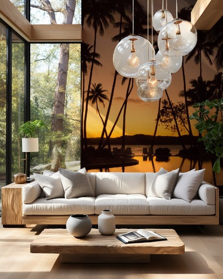 Sunset with palm tree silhouettes in Fiji photowallpaper Scandiwall