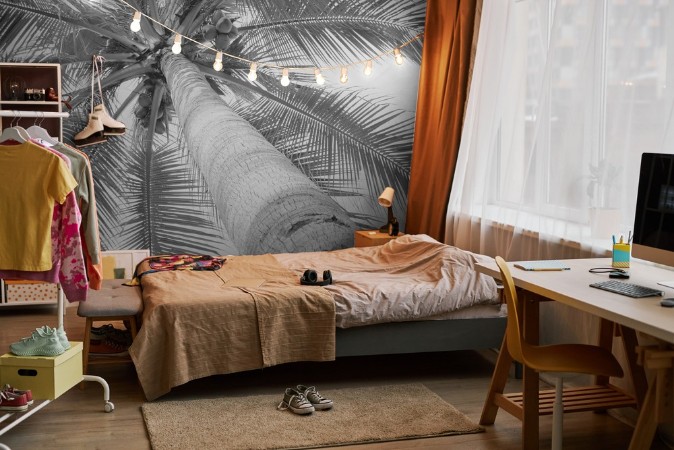 Beautiful palms coconut tree on white background photowallpaper Scandiwall