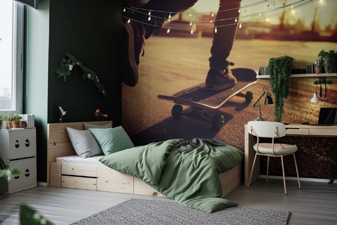 Skateboarder skateboarding at sunrise city photowallpaper Scandiwall