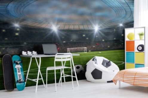 Ball on the green field in soccer stadium ready for game in the midfield photowallpaper Scandiwall