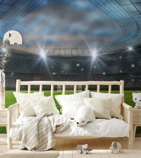Ball on the green field in soccer stadium ready for game in the midfield photowallpaper Scandiwall