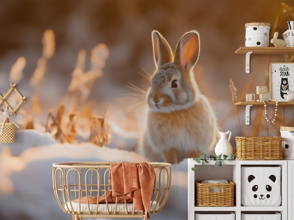 A rabbit lit by the sunrise on a snowy field photowallpaper Scandiwall