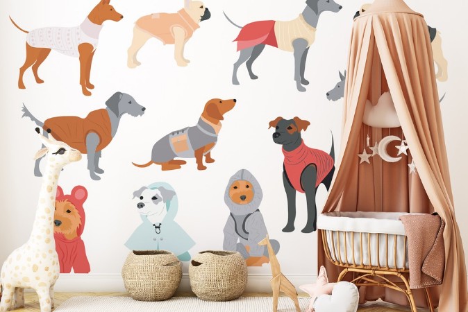 Dogs with clothes photowallpaper Scandiwall