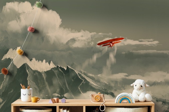 Biplane Flying over Mountain photowallpaper Scandiwall