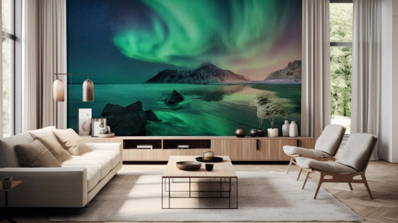 Northern Lights in Lofoten Islands photowallpaper Scandiwall