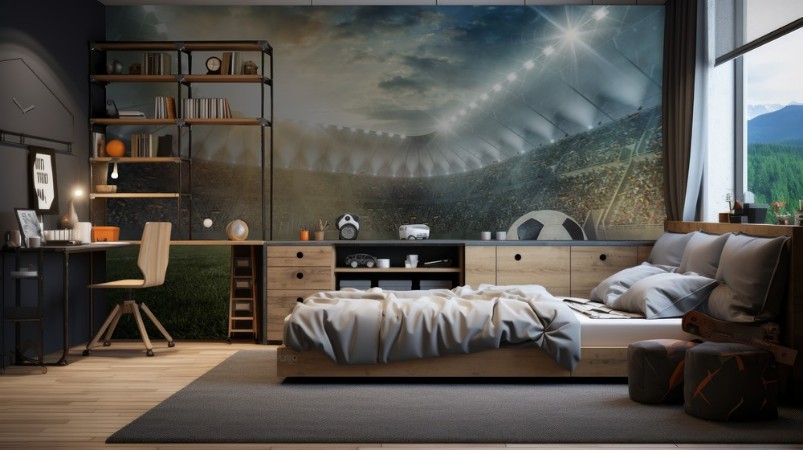 Ball on grass in football Stadium photowallpaper Scandiwall