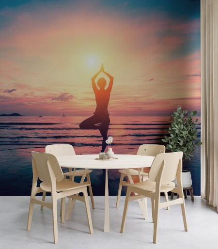 Silhouette yoga girl on the background of stunning sea and sunset Fitness meditation and healthy lifestyle photowallpaper Scandiwall