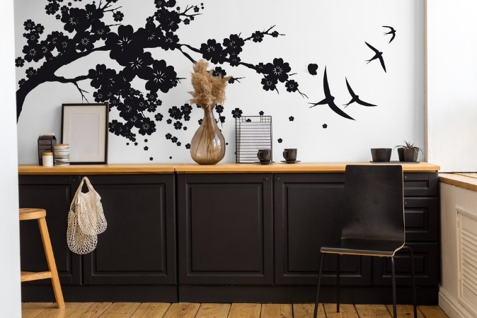 Black silhoueteflowers tree  on a white photowallpaper Scandiwall