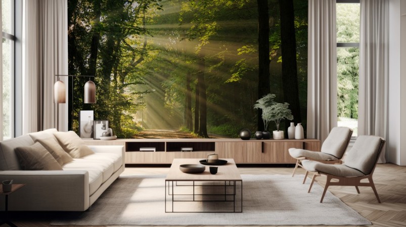 Sun rays shining through the trees in the forrest photowallpaper Scandiwall