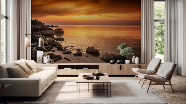 A beautiful rocky beach at sunset photowallpaper Scandiwall