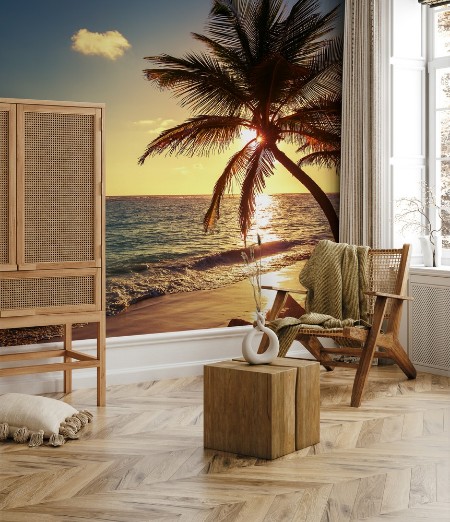 Palm tree on the tropical beach photowallpaper Scandiwall