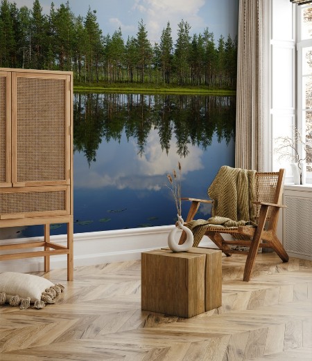 Landscape forest lake with reflection of clouds in the sky and pine trees on the beach summer photowallpaper Scandiwall