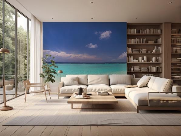 Beach panorama at Maldives with blue sky palm trees and turquoi photowallpaper Scandiwall