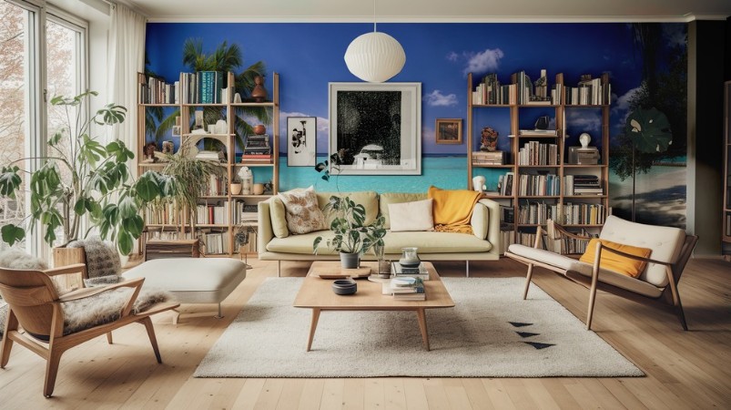 Beach panorama at Maldives with blue sky palm trees and turquoi photowallpaper Scandiwall