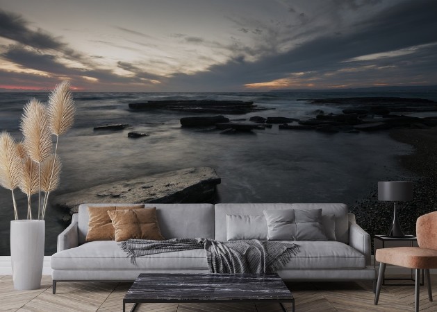 Sunset  on a rocky coastline photowallpaper Scandiwall