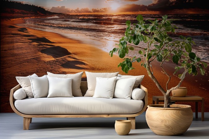 Beatiful sunset with clouds over sea and beach photowallpaper Scandiwall