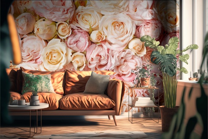 Many beautiful roses as background top view photowallpaper Scandiwall