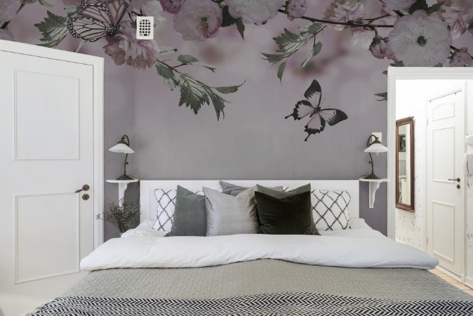 Flowers background with amazing spring sakura with butterflies Flowers of cherries photowallpaper Scandiwall