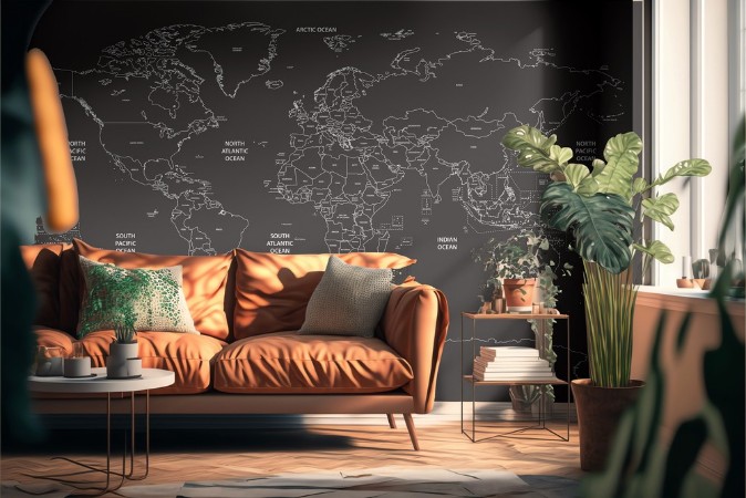 Political world map contour on soft black background photowallpaper Scandiwall