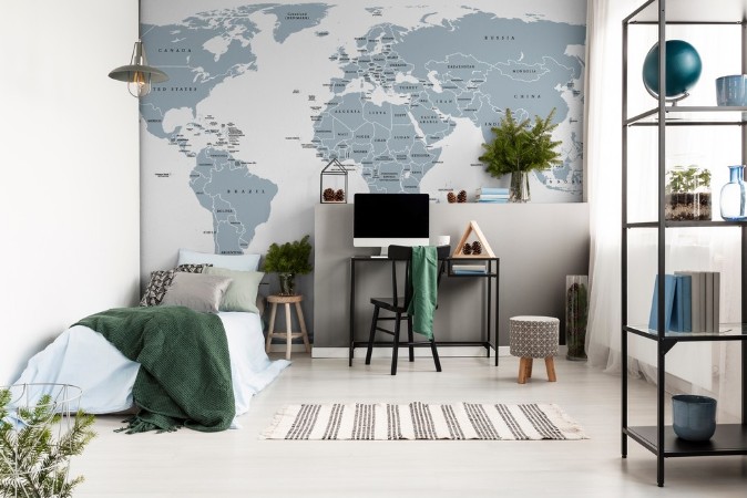 World political map Detailed map of the world with shorelines national borders and country names Robinson projection english labeling grey illustration on white background photowallpaper Scandiwall