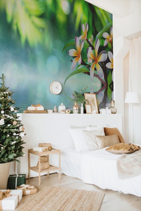 Zen garden with frangipani and vapour on water photowallpaper Scandiwall