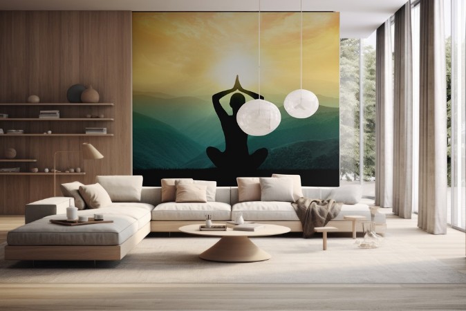 Yoga and meditation Silhouette of man in moontains photowallpaper Scandiwall
