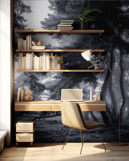 Pine trees dancing in the fog photowallpaper Scandiwall