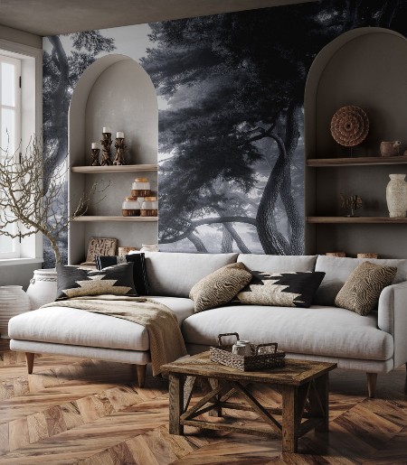 Pine trees dancing in the fog photowallpaper Scandiwall