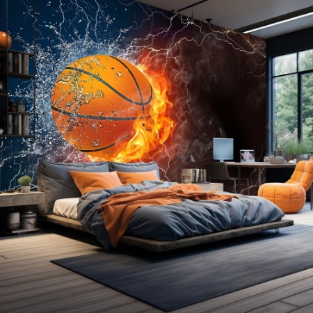 Basketball ball in fire and water photowallpaper Scandiwall