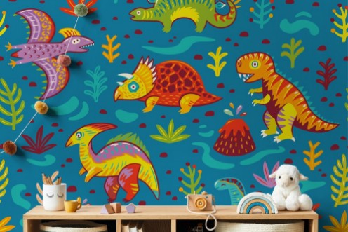 Seamless pattern with cartoon dinosaurs photowallpaper Scandiwall