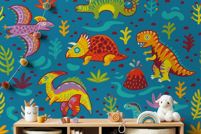 Seamless pattern with cartoon dinosaurs photowallpaper Scandiwall