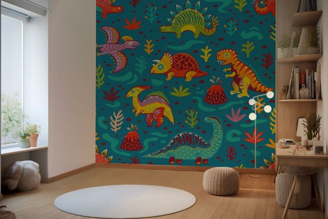 Seamless pattern with cartoon dinosaurs photowallpaper Scandiwall