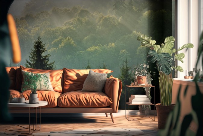 Spruce forest on foggy sunrise in mountains photowallpaper Scandiwall