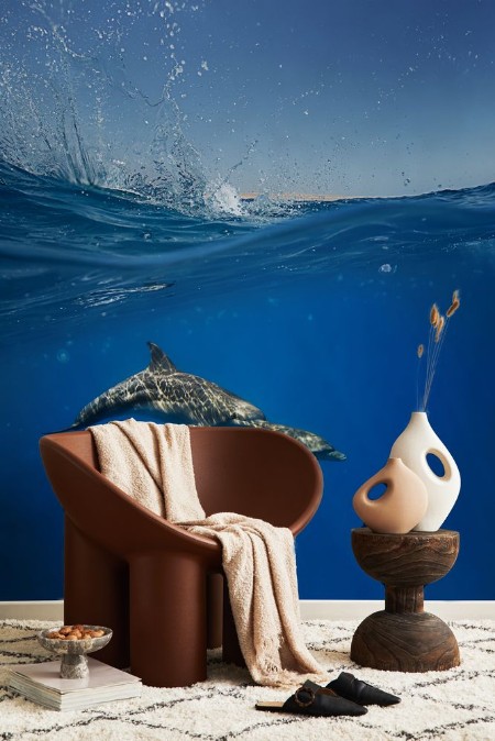 Half water split A pair of dolphins playing under water line with splashes photowallpaper Scandiwall