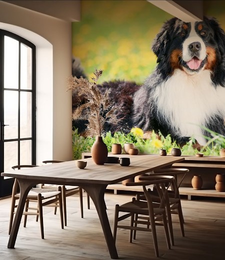 Bernese Sennenhund purebred shepherd dog in field photowallpaper Scandiwall